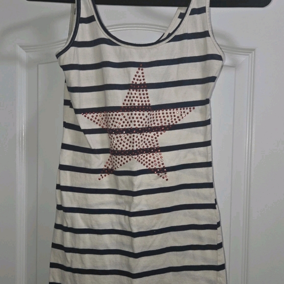 WOMAN'S BLUE STRIPED TANK SHIRT WITH USA RED RHINESTONE STAR SIZE SMALL - Picture 2 of 12